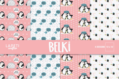 Cute pink and white penguin digital papers with igloos and cozy winter quotes.