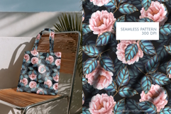 Pink Peonies and Blue Leaves Seamless Pattern Product Image 2