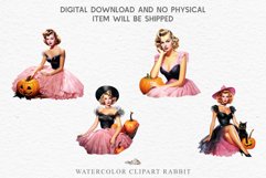 watercolor Pink Pin Up Halloween Lady, Retro Women clipart, halloween character Pumpkin Girl art  Pink Pin Up Halloween Clipart Lady Retro Women PNG Girl Art Image Watercolor Transparent Print illustration sublimation creepy printable digital