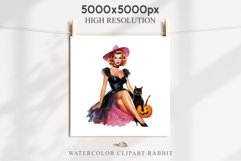 Pink Pin Up Halloween Clipart Lady Retro Women PNG Girl Art Image Watercolor Transparent Print illustration sublimation creepy printable digital watercolor Pink Pin Up Halloween Lady, Retro Women clipart, halloween character Pumpkin Girl art 