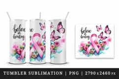 Pink ribbon butterflies breast cancer awareness Believe in Healing quote 20 oz tumbler skinny mug wrap clipart t-shirt sublimation printable design