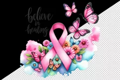 Pink ribbon butterflies breast cancer awareness Believe in Healing quote 20 oz tumbler skinny mug wrap clipart t-shirt sublimation printable design