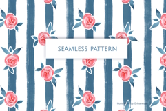 Pink Rose Blue Stripes Watercolor Seamless Pattern Product Image 2