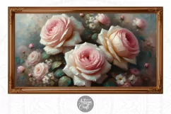 Frame TV art shows an oil painting of pink roses in style of impressionism.