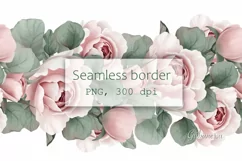 Pink roses garland clipart | Seamless floral border PNG Product Image 1
