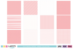 Soft pink scrapbook paper bundle featuring stripes polka dots hearts and gingham designs