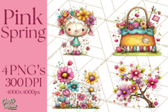 Pink Purple Spring Clipart, Floral Cottage, Butterflies PNG Product Image 1
