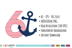 Nautical birthday clipart showing four sailor-inspired number designs with horizontal pink stripes and dark blue anchors.