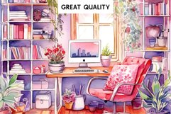watercolor Pink Study Corner Clipart, Artist Workspace PNG, boho cozy interior table, work desk Pink Study Corner Clipart Artist Workspace PNG Scrapbooking  Art boho cozy interior table desk Transparent art workshop designs sublimation printable digital
