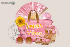 a pink beach bag with “Summer Vibes” text, paired with sandals, sunglasses, a fan, and floral elements.