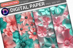 Pink &amp; Teal 3D Flowers Digital Paper Product Image 1