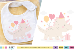 Pink triceratops birthday clipart printed on a white baby bib, perfect for girls birthday crafts.