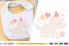 Pink triceratops birthday clipart printed on a white baby bib, perfect for girls birthday crafts.