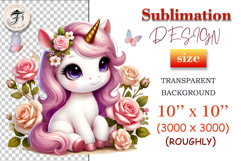 Watercolor baby unicorn with pink mane, roses, and butterflies – sublimation PNG for kids’ t-shirts, mugs, and nursery decor.