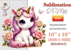 Watercolor baby unicorn with pink mane, roses, and butterflies – sublimation PNG for kids’ t-shirts, mugs, and nursery decor.
