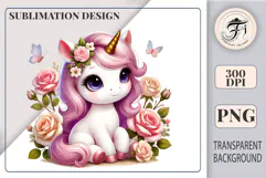 Watercolor baby unicorn with pink mane, roses, and butterflies – sublimation PNG for kids’ t-shirts, mugs, and nursery decor.
