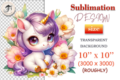 Baby unicorn with yellow and pink daffodils – PNG for kids’ sublimation.