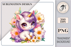 Baby unicorn with yellow and pink daffodils – PNG for kids’ sublimation.