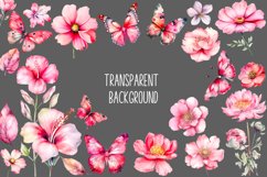Pink Watercolor Flowers and Butterfly Clipart