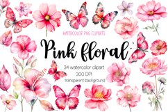 Pink Watercolor Flowers and Butterfly Clipart
