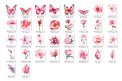 Pink Watercolor Flowers and Butterfly Clipart