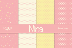 Pastel pink and yellow digital paper pack with dots and stars, 12x12 inch backgrounds for scrapbooking and crafts.