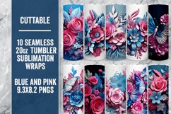 Seamless 3D Pink and Blue Tumbler Wraps, Floral Sublimations Product Image 2