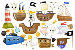 Cartoon pirate ships . Nautical vessel, boats. Transport Product Image 1