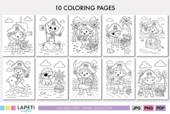 Set of 10 pirate coloring pages for kids featuring treasure hunts, ships, parrots and ocean adventures.