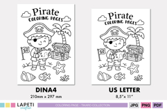 Pirate coloring page available in A4 and US Letter sizes, fun printable activity for children.