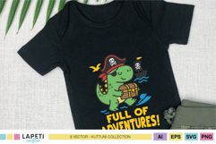 Black onesie mockup featuring a pirate dinosaur holding treasure with the phrase “Full of Adventures!”.