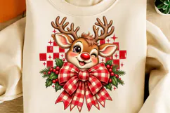 Cute Christmas Reindeer PNG | Buffalo Plaid Bow & Holly Png Product Image 1