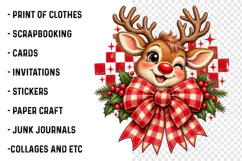 Cute Christmas Reindeer PNG | Buffalo Plaid Bow & Holly Png Product Image 2