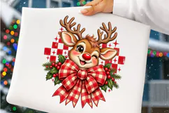 Cute Christmas Reindeer PNG | Buffalo Plaid Bow & Holly Png Product Image 3