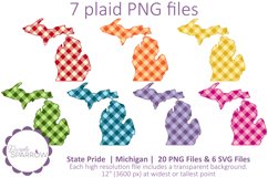 Plaid clip art featuring the Michigan state silhouette in 7 PNG files with transparent backgrounds and a full rainbow of colors to choose from