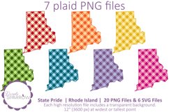 Plaid clip art featuring the Rhode Island state silhouette in 7 PNG files with transparent backgrounds and a full rainbow of colors to choose from