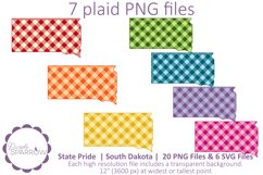 Plaid clip art featuring the South Dakota state silhouette in 7 PNG files with transparent backgrounds and a full rainbow of colors to choose from