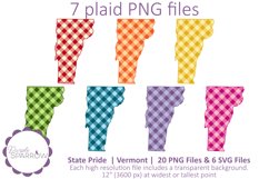 Plaid clip art featuring the Vermont state silhouette in 7 PNG files with transparent backgrounds and a full rainbow of colors to choose from
