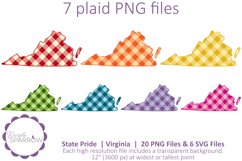 Plaid clip art featuring the Virginia state silhouette in 7 PNG files with transparent backgrounds and a full rainbow of colors to choose from