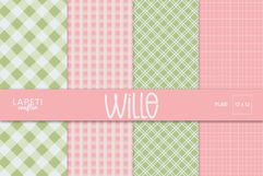 Soft plaid digital paper set in pastel green and pink featuring gingham and grid patterns for scrapbooking, cards, and baby shower crafts.