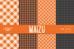 Plaid digital paper set featuring orange, brown, and cream checkered patterns perfect for autumn crafts, scrapbooking, and fall projects.