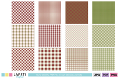 Four plaid digital papers in classic red and green, featuring gingham, tartan, and grid patterns for Christmas designs and crafts.