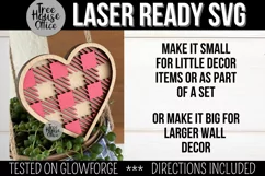 Layered plaid heart laser svg shown with sizing information provided.  Pink buffalo plaid heart shown was cut at 4 inches wide