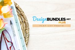 Planner, pen, eyeglass on desk, farmhouse style desktop photo