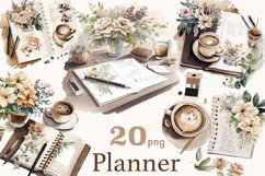 Planner girl watercolor clipart, coffee cups on table, flowers in vases, planners, pens and sticky notes, crafter workspace for journaling