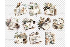 Watercolor clipart planner girl, cups of coffee, cocoa, flowers in a glass, in a vase and on a journal, planners, pens and stickers, crafter's workspace for journaling, black rimmed glasses