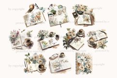 Watercolor clipart planner girl, cups of coffee, cocoa, flowers in a glass, in a vase and on a journal, planners, pens and stickers, crafter's workspace for journaling, black rimmed glasses