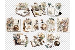 Watercolor clipart planner girl, cups of coffee with latte art tulip, mug with black coffee, flowers in a glass, in a jar and on a journal, planners, pens and stickers, crafter's workplace for journaling, black rimmed glasses