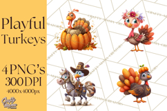 Whimsical Thanksgiving Turkey Clipart PNG, Holiday Turkeys Product Image 1