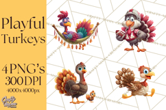 Whimsical Thanksgiving Turkey Clipart PNG, Holiday Turkeys Product Image 1